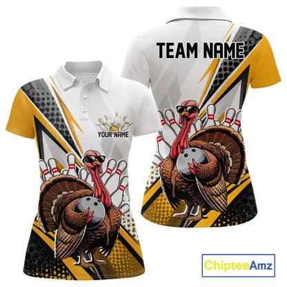 Custom Yellow Funny Turkey Thanksgiving Bowling Women Polo Shirt, Bowling League Uniform IPHW12806