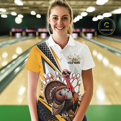 Custom Yellow Funny Turkey Thanksgiving Bowling Women Polo Shirt, Bowling League Uniform IPHW12806