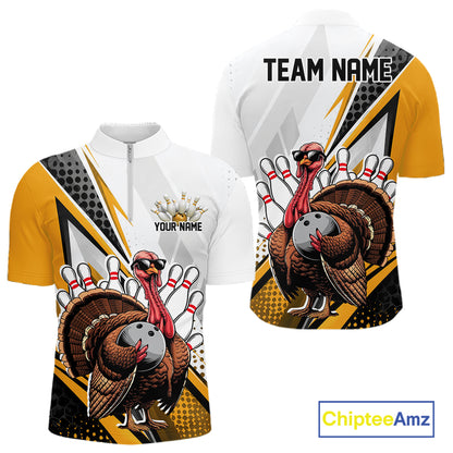 Custom Yellow Funny Turkey Thanksgiving Bowling Men Quarter Zip Shirt, Bowling League Uniform IPHW12806