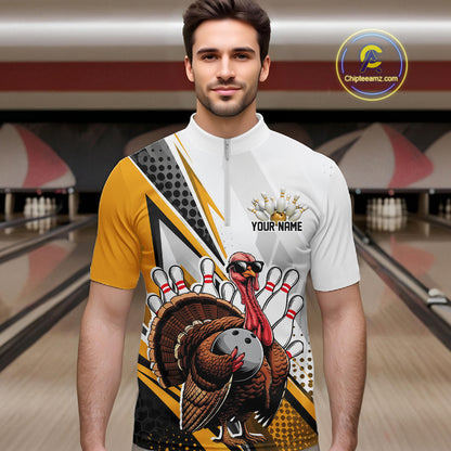 Custom Yellow Funny Turkey Thanksgiving Bowling Men Quarter Zip Shirt, Bowling League Uniform IPHW12806