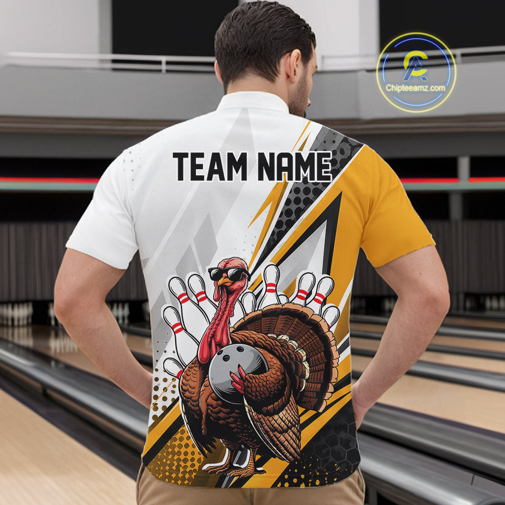 Custom Yellow Funny Turkey Thanksgiving Bowling Men Quarter Zip Shirt, Bowling League Uniform IPHW12806