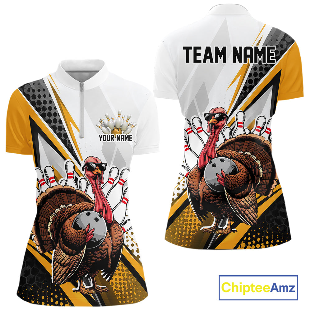 Custom Yellow Funny Turkey Thanksgiving Bowling Women Quarter-Zip Bowling League Shirt IPHW12806