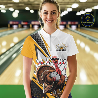 Custom Yellow Funny Turkey Thanksgiving Bowling Women Quarter-Zip Bowling League Shirt IPHW12806