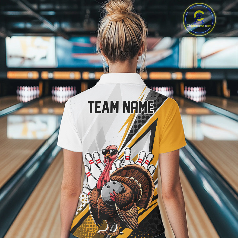 Custom Yellow Funny Turkey Thanksgiving Bowling Women Quarter-Zip Bowling League Shirt IPHW12806