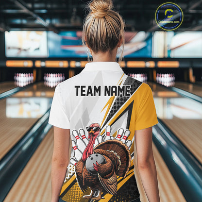 Custom Yellow Funny Turkey Thanksgiving Bowling Women Quarter-Zip Bowling League Shirt IPHW12806