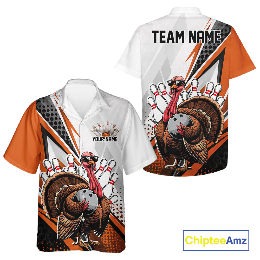 Custom Orange Funny Turkey Thanksgiving Bowling Men And Women Button Up Shirt, Bowling League Uniform IPHW12807