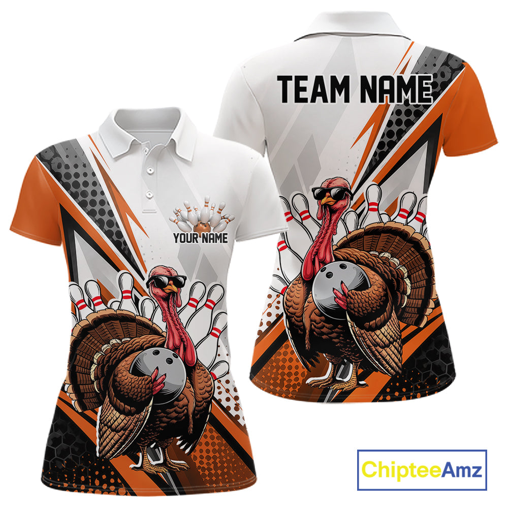 Custom Orange Funny Turkey Thanksgiving Bowling Women Polo Shirt, Bowling League Uniform IPHW12807