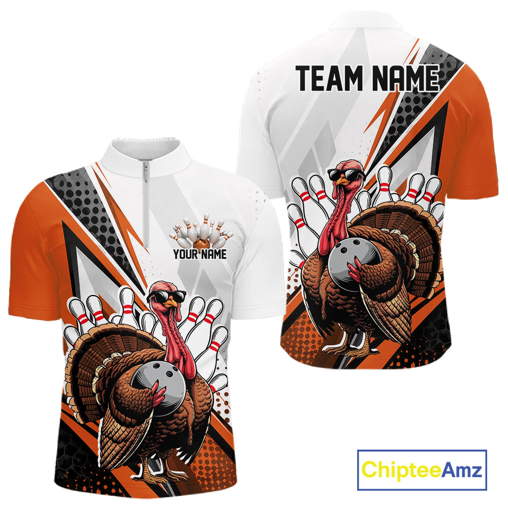 Custom Orange Funny Turkey Thanksgiving Bowling Men Quarter Zip Shirt, Bowling League Uniform IPHW12807