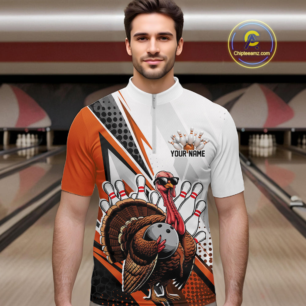 Custom Orange Funny Turkey Thanksgiving Bowling Men Quarter Zip Shirt, Bowling League Uniform IPHW12807