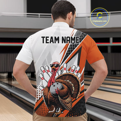 Custom Orange Funny Turkey Thanksgiving Bowling Men Quarter Zip Shirt, Bowling League Uniform IPHW12807
