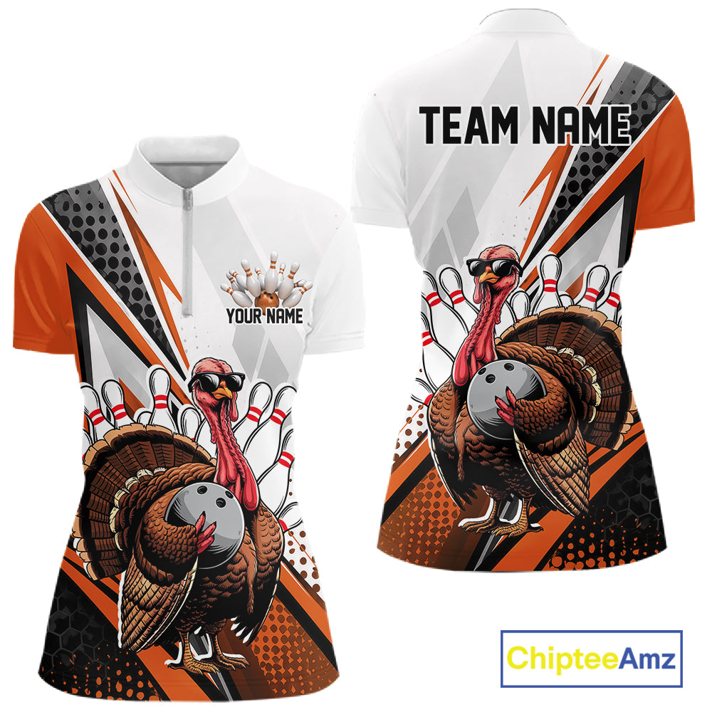 Custom Orange Funny Turkey Thanksgiving Bowling Women Quarter-Zip Bowling League Shirt IPHW12807