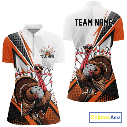 Custom Orange Funny Turkey Thanksgiving Bowling Women Quarter-Zip Bowling League Shirt IPHW12807