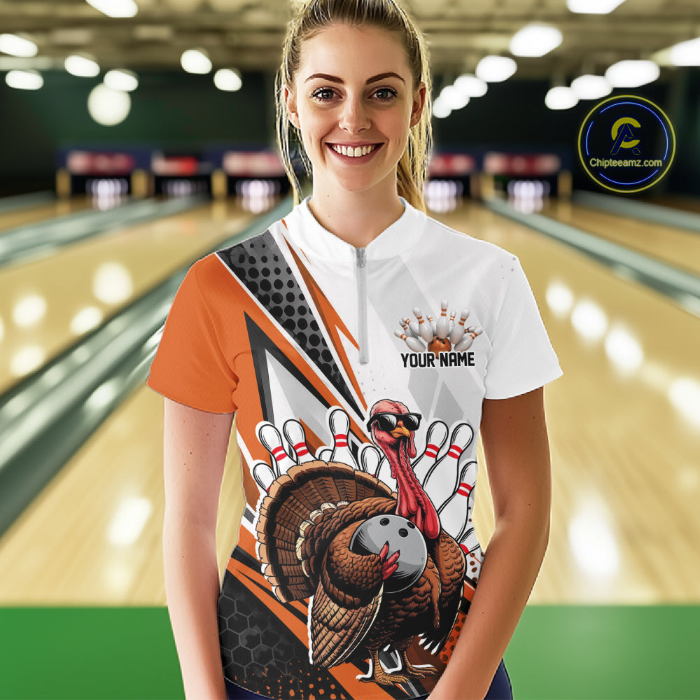 Custom Orange Funny Turkey Thanksgiving Bowling Women Quarter-Zip Bowling League Shirt IPHW12807