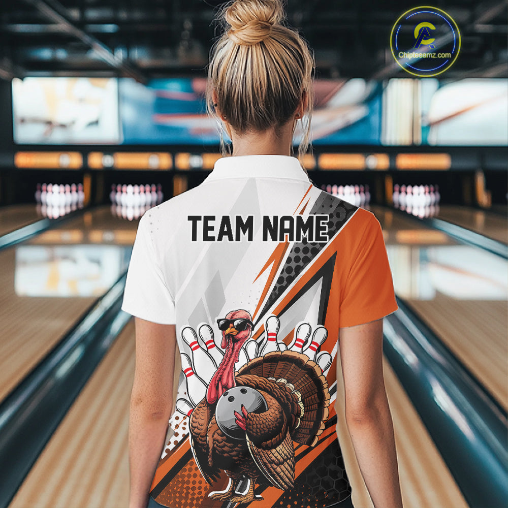 Custom Orange Funny Turkey Thanksgiving Bowling Women Quarter-Zip Bowling League Shirt IPHW12807