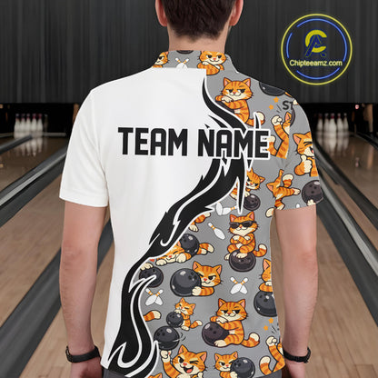 Custom Cute Funny Ginger Tabby Cat Bowling Men Polo Shirts, Cat Bowling Team Shirt IPHW10316