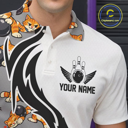 Custom Cute Funny Ginger Tabby Cat Bowling Men Polo Shirts, Cat Bowling Team Shirt IPHW10316