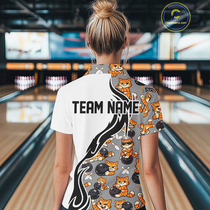 Custom Cute Funny Ginger Tabby Cat Bowling Women Polo Shirts, Cat Bowling Team Shirt IPHW10316