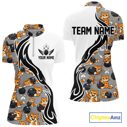 Custom Cute Funny Ginger Tabby Cat Bowling Women Quarter-Zip Shirts, Bowling Team Shirt IPHW10316