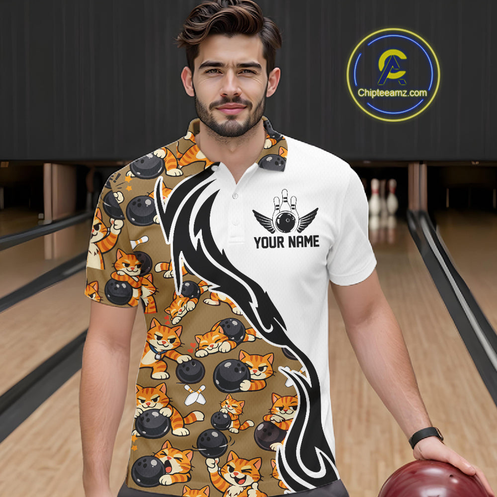 Custom Cute Funny Ginger Tabby Cat Bowling Men Polo Shirts, Cat Bowling Team Shirt IPHW10317