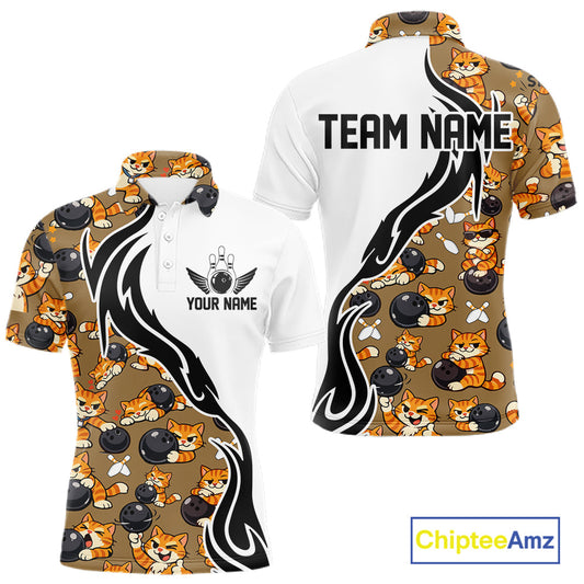 Custom Cute Funny Ginger Tabby Cat Bowling Men Polo Shirts, Cat Bowling Team Shirt IPHW10317