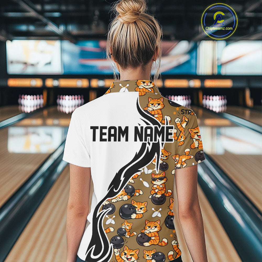 Custom Cute Funny Ginger Tabby Cat Bowling Women Quarter-Zip Shirts, Bowling Team Shirt IPHW10317