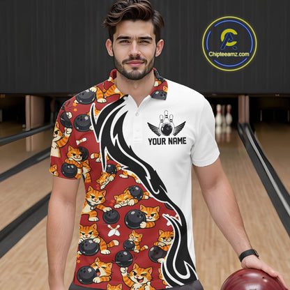 Custom Cute Funny Ginger Tabby Cat Bowling Men Polo Shirts, Cat Bowling Team Shirt IPHW10318