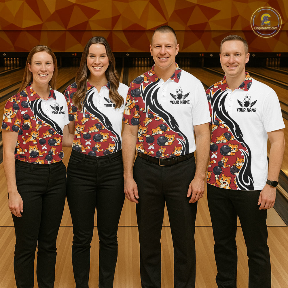 Custom Cute Funny Ginger Tabby Cat Bowling Men Polo Shirts, Cat Bowling Team Shirt IPHW10318