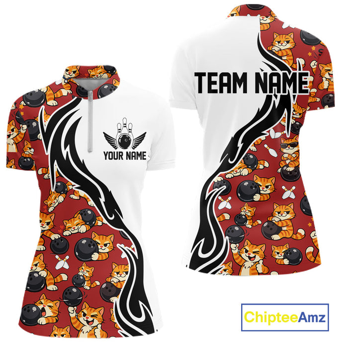 Custom Cute Funny Ginger Tabby Cat Bowling Women Quarter-Zip Shirts, Bowling Team Shirt IPHW10318