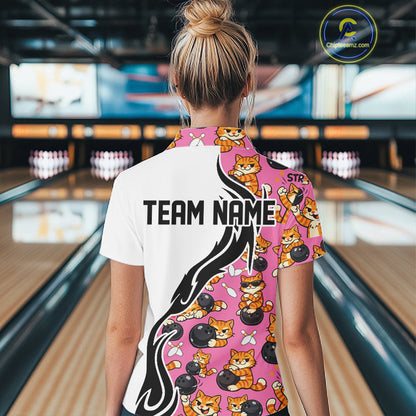 Custom Cute Funny Ginger Tabby Cat Bowling Women Polo Shirts, Cat Bowling Team Shirt IPHW10319