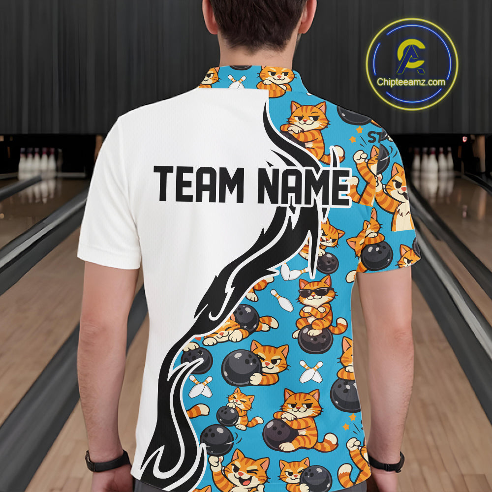 Custom Cute Funny Ginger Tabby Cat Bowling Men Polo Shirts, Cat Bowling Team Shirt IPHW10320