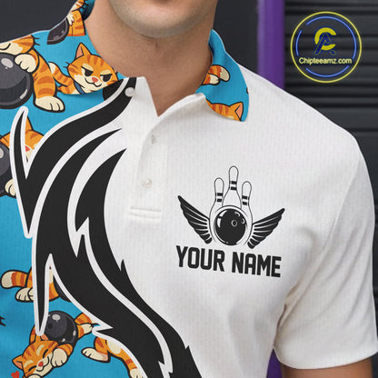 Custom Cute Funny Ginger Tabby Cat Bowling Men Polo Shirts, Cat Bowling Team Shirt IPHW10320