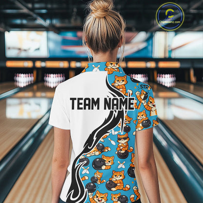 Custom Cute Funny Ginger Tabby Cat Bowling Women Polo Shirts, Cat Bowling Team Shirt IPHW10320