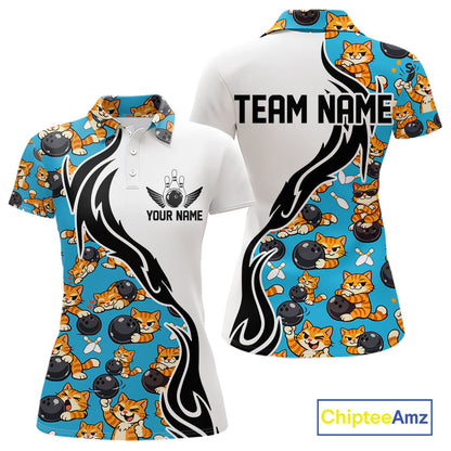 Custom Cute Funny Ginger Tabby Cat Bowling Women Polo Shirts, Cat Bowling Team Shirt IPHW10320