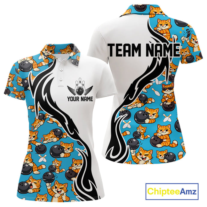 Custom Cute Funny Ginger Tabby Cat Bowling Women Polo Shirts, Cat Bowling Team Shirt IPHW10320