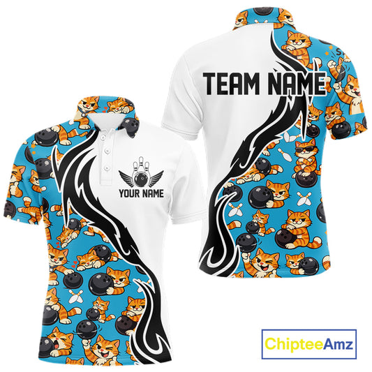 Custom Cute Funny Ginger Tabby Cat Bowling Men Polo Shirts, Cat Bowling Team Shirt IPHW10320