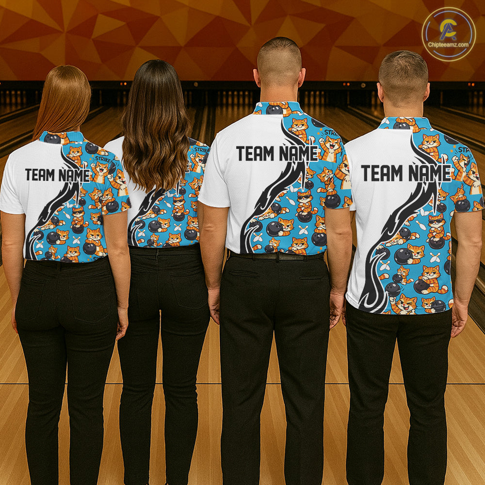 Custom Cute Funny Ginger Tabby Cat Bowling Men Polo Shirts, Cat Bowling Team Shirt IPHW10320