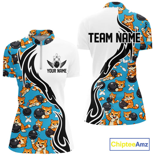 Custom Cute Funny Ginger Tabby Cat Bowling Women Quarter-Zip Shirts, Bowling Team Shirt IPHW10320