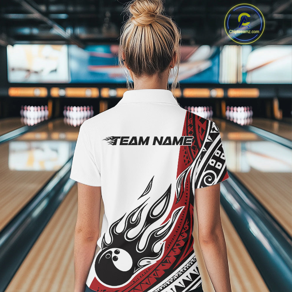 Custom Red Tribal Polynesian Pattern Women Bowling Shirt, Maori Style Bowling Outfit IPHW10326