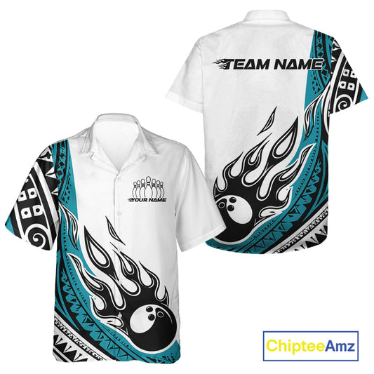 Custom Blue Tribal Polynesian Pattern Men And Women Bowling Team Shirt, Maori Style Bowling Outfit IPHW10327