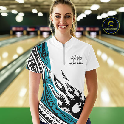 Custom Blue Tribal Polynesian Pattern Women Bowling Shirt, Maori Style Bowling Outfit IPHW10327