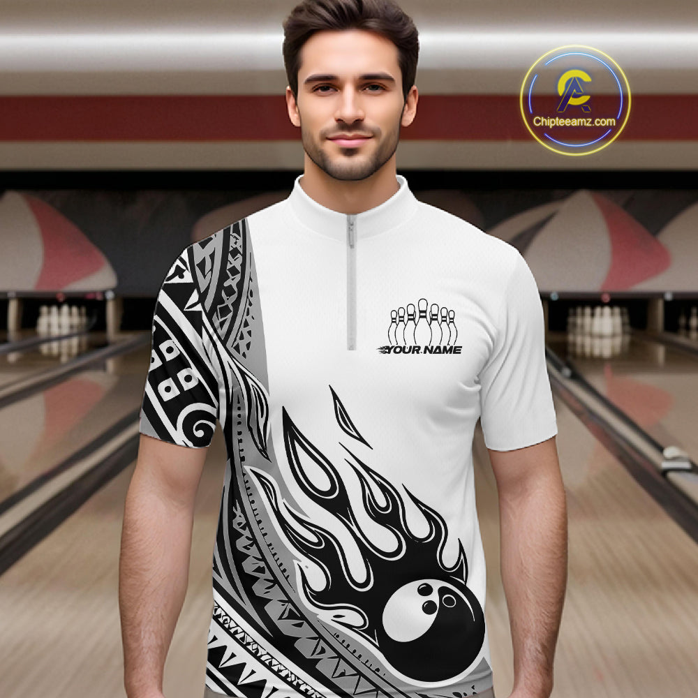 Custom Gray Tribal Polynesian Pattern Men Bowling Team Shirt, Maori Style Bowling Outfit IPHW10328