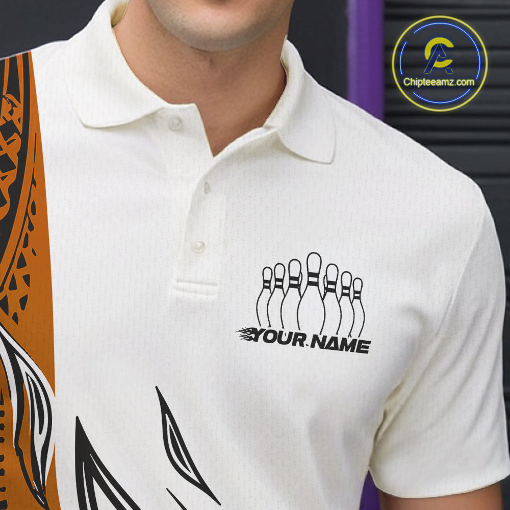 Custom Orange Tribal Polynesian Pattern Men Bowling Shirt, Maori Style Bowling Outfit IPHW10329