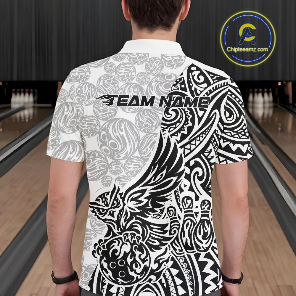 Custom Black And White Tribal Tattoo Pattern Polynesian Owl Bowling Men Polo Shirts IPHW10333