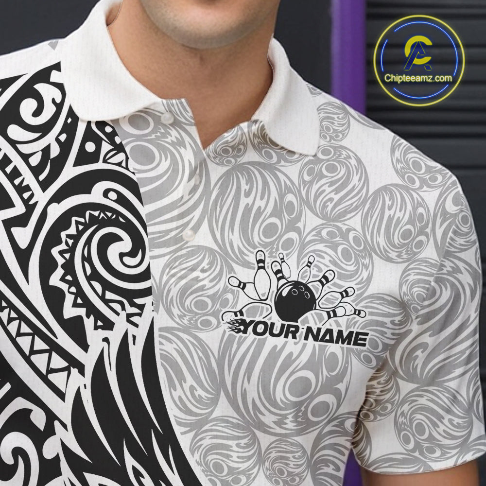 Custom Black And White Tribal Tattoo Pattern Polynesian Owl Bowling Men Polo Shirts IPHW10333