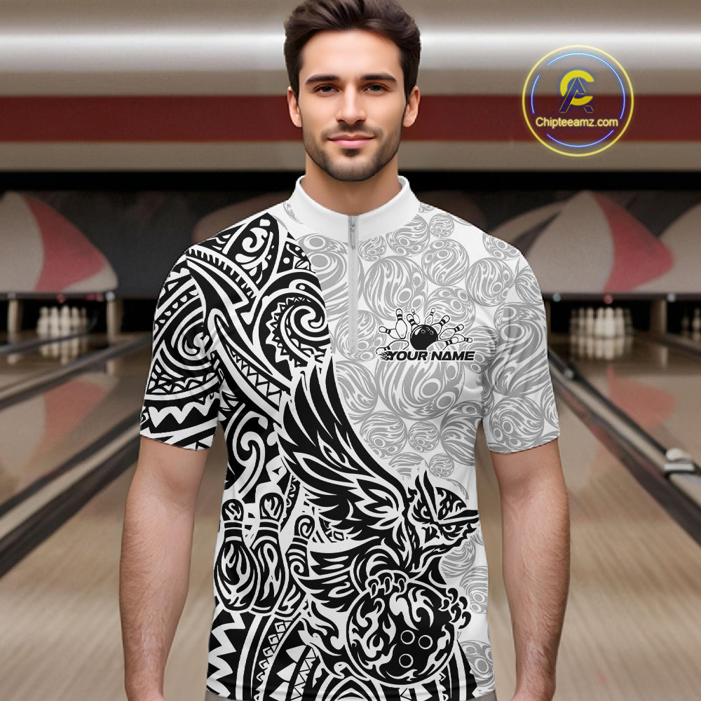 Custom Black And White Tribal Tattoo Pattern Polynesian Owl Bowling Men Quarter-Zip Shirts IPHW10333