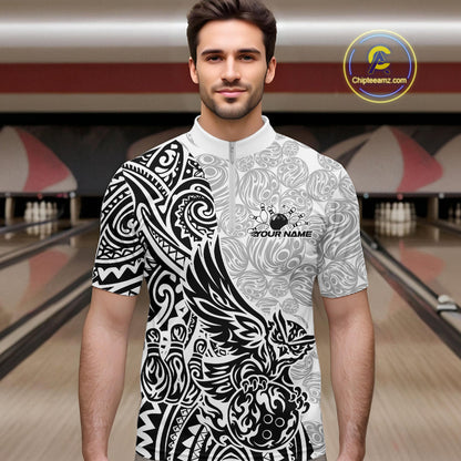 Custom Black And White Tribal Tattoo Pattern Polynesian Owl Bowling Men Quarter-Zip Shirts IPHW10333