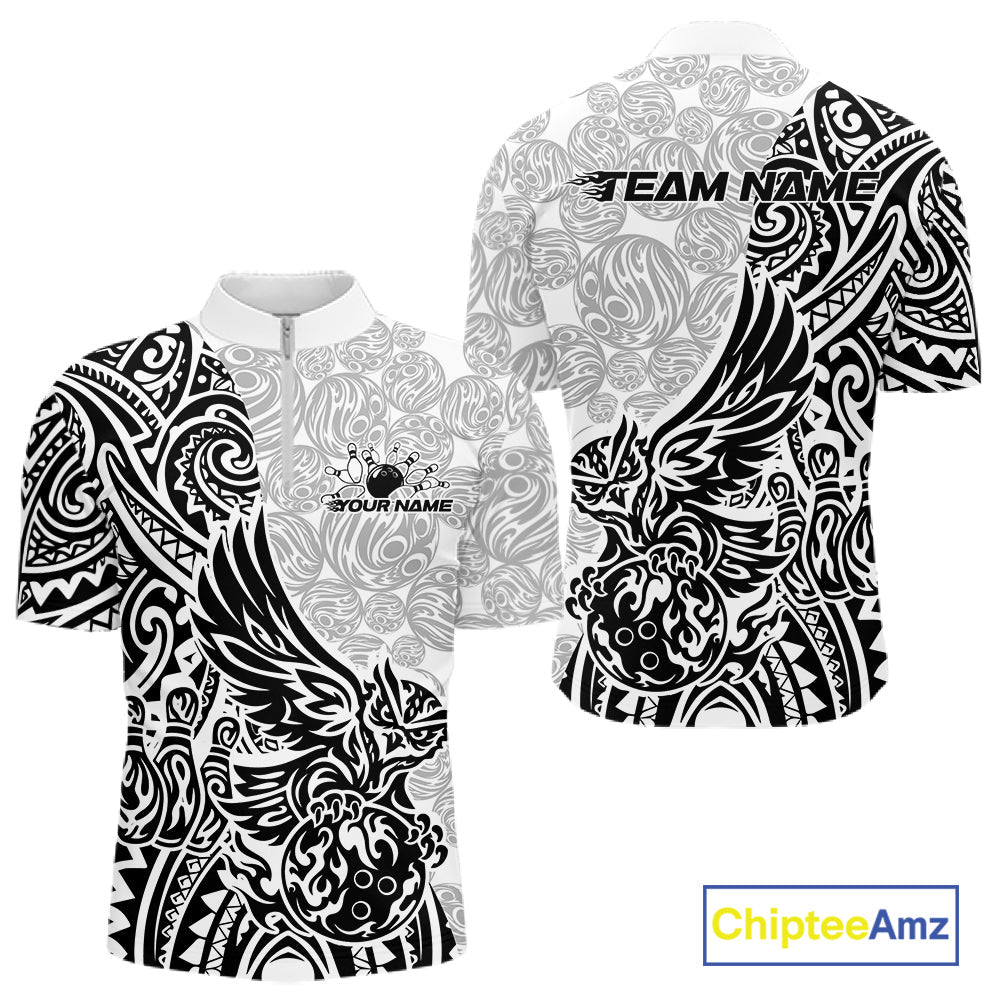 Custom Black And White Tribal Tattoo Pattern Polynesian Owl Bowling Men Quarter-Zip Shirts IPHW10333