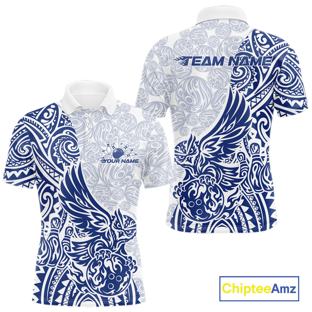 Custom Blue Tribal Tattoo Pattern Polynesian Owl Bowling Men Polo Shirts IPHW10334