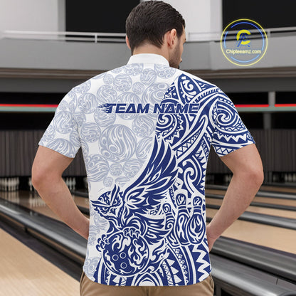 Custom Blue Tribal Tattoo Pattern Polynesian Owl Bowling Men Quarter-Zip Shirts IPHW10334