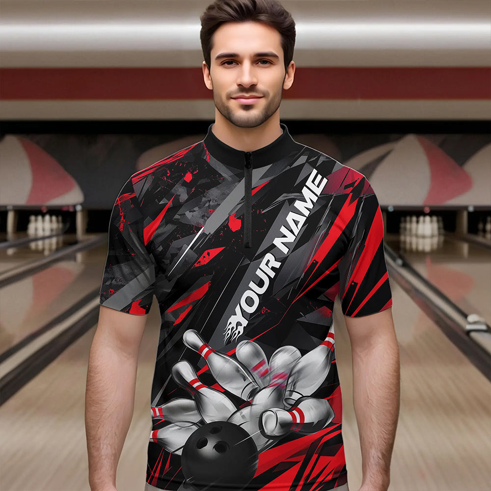 Custom Black And Red Bowling Quarter-Zip Shirts For Men, Bowling Tournament Team Uniform IPHW8527